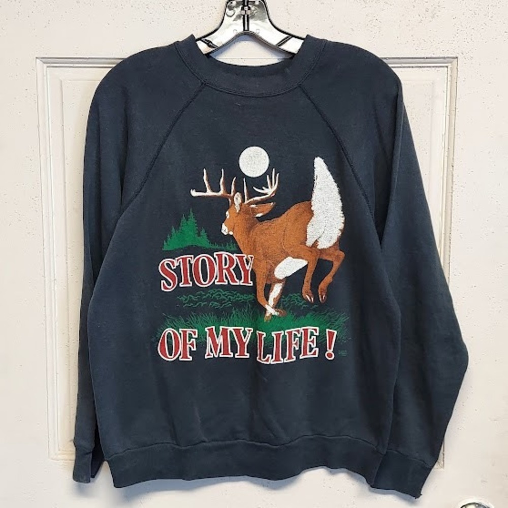 Vintage Tultex Story of My Life Deer Hunting Graphic Sweatshirt Navy Blue Large